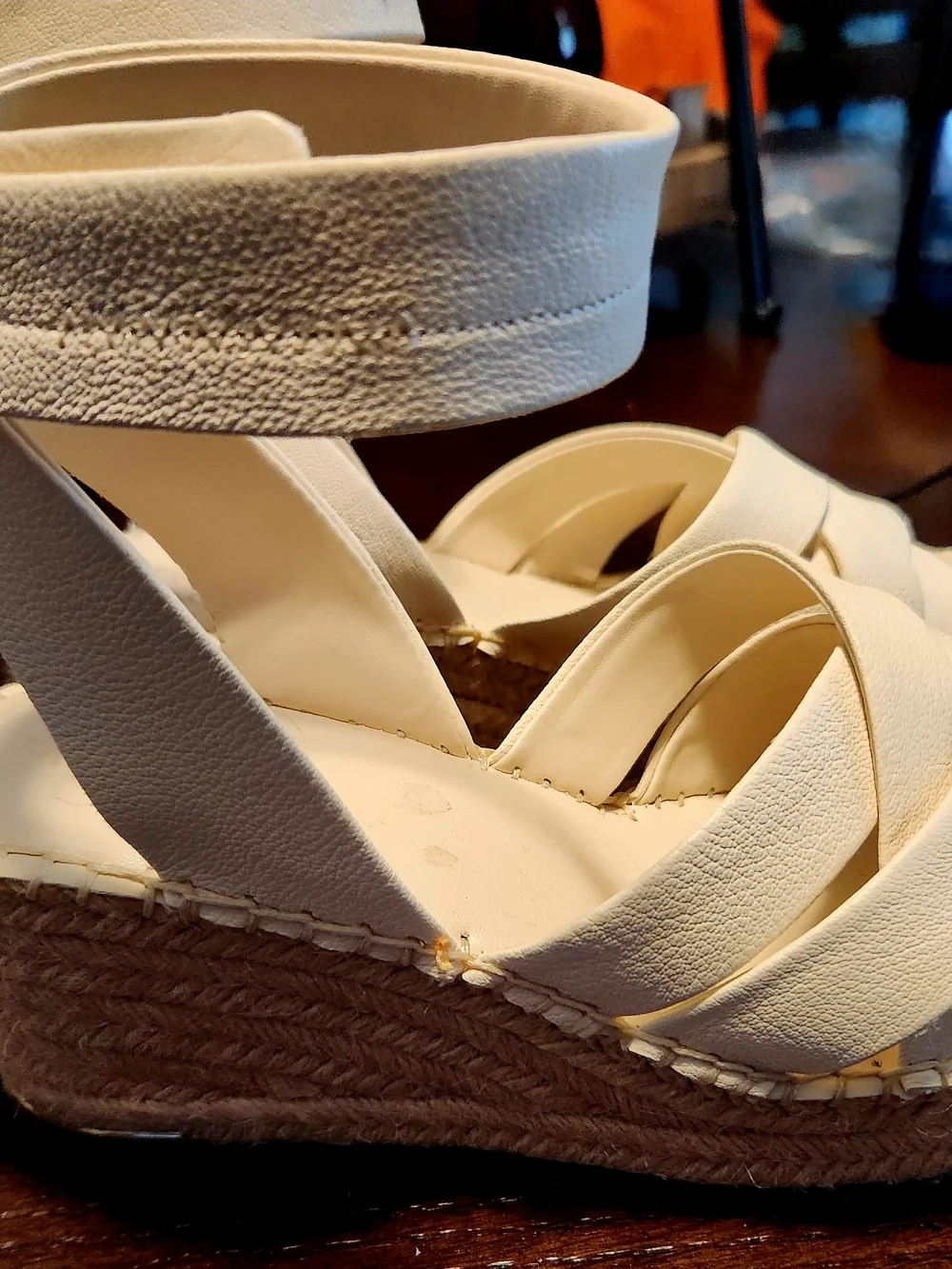 Franco Sarto Cream Leather Espadrille Wedge Sandals with Ankle Strap